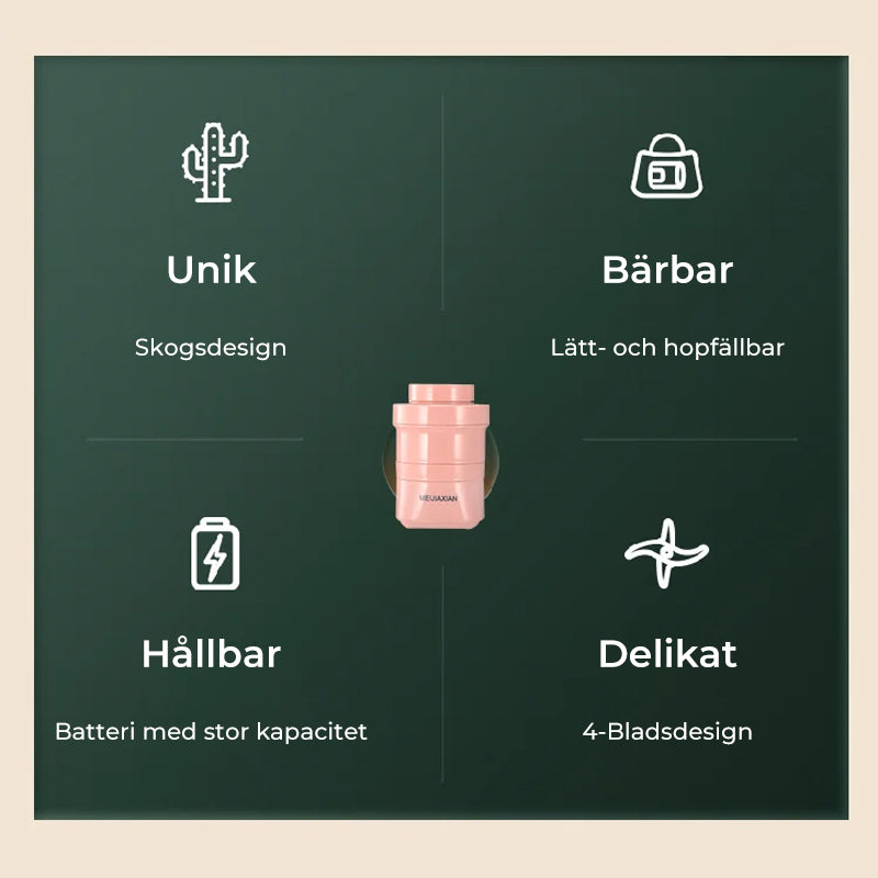 "Hopfällbar mini-juicepresskopp i rosa, kompakt design med rostfritt stålblad, idealisk för hälsosamma drycker på språng."