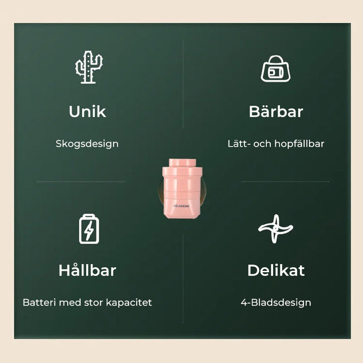 "Hopfällbar mini-juicepresskopp i rosa, kompakt design med rostfritt stålblad, idealisk för hälsosamma drycker på språng."