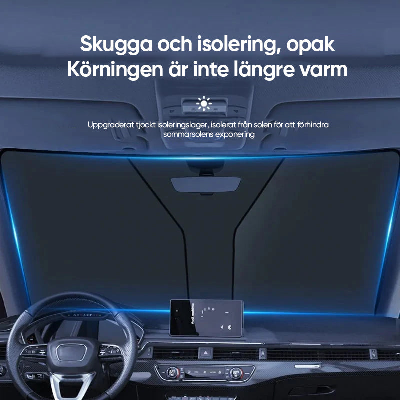"Hopfällbar solskärm för bil i mediumstorlek, silverfärgad, skyddar mot UV-strålar och överhettning, kompakt design."