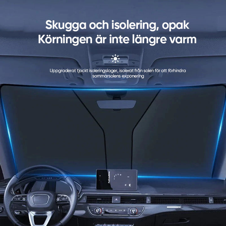 "Hopfällbar solskärm för bil i mediumstorlek, silverfärgad, skyddar mot UV-strålar och överhettning, kompakt design."