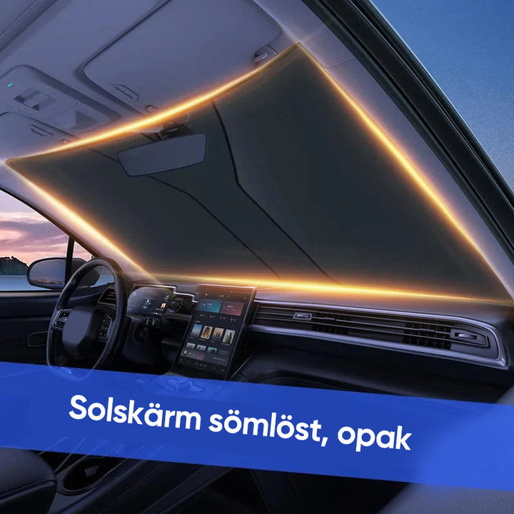 "Hopfällbar solskärm för bil i mediumstorlek, silverfärgad, skyddar mot UV-strålar och överhettning, kompakt design."