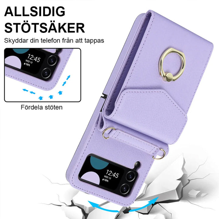Hopfällbart Messenger Mobilfodral i elegant PU-läder, passande för Samsung Galaxy Z Flip, med justerbara axelband.
