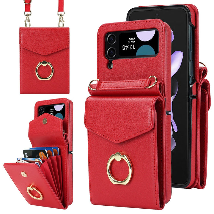 Hopfällbart Messenger Mobilfodral i elegant PU-läder, passande för Samsung Galaxy Z Flip, med justerbara axelband.