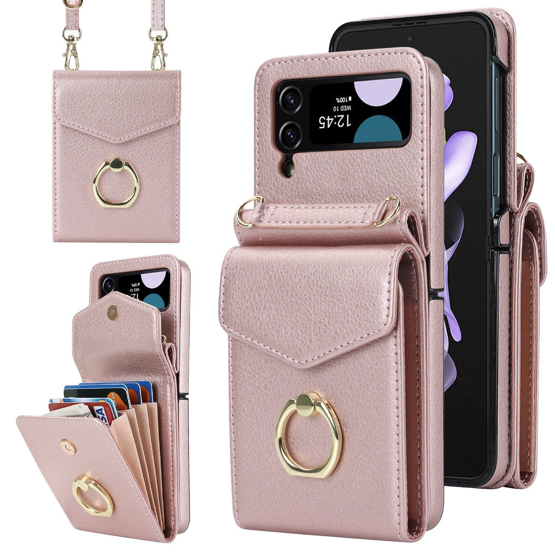 Hopfällbart Messenger Mobilfodral i elegant PU-läder, passande för Samsung Galaxy Z Flip, med justerbara axelband.
