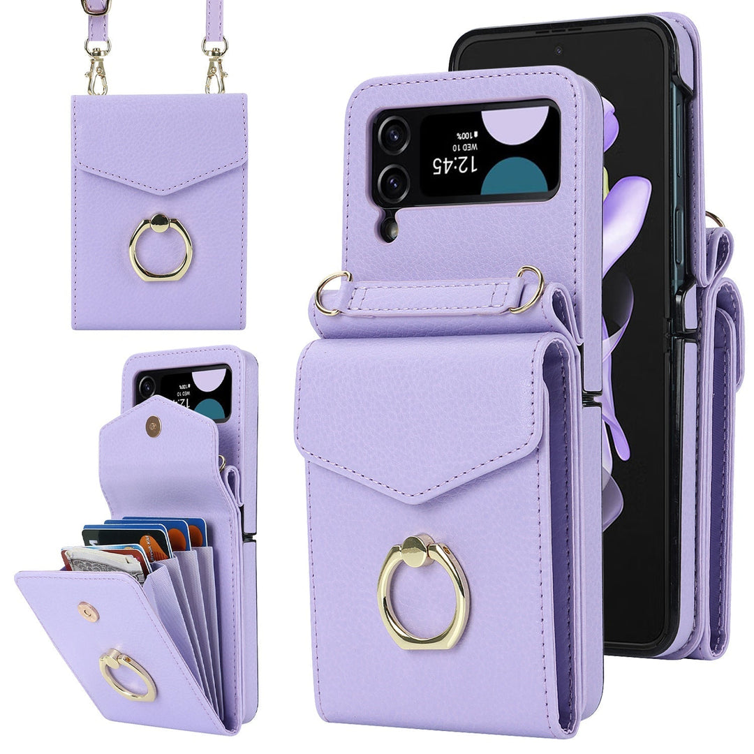 Hopfällbart Messenger Mobilfodral i elegant PU-läder, passande för Samsung Galaxy Z Flip, med justerbara axelband.