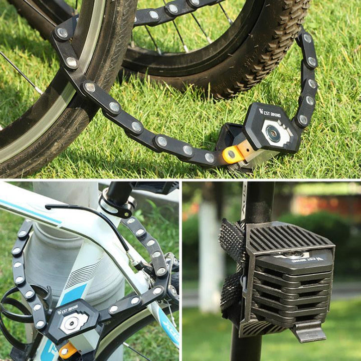 "Hopfällbart starkt cykellås i zinklegering med gummibeläggning, kompakt design, 26 leder för säker cykelförvaring."