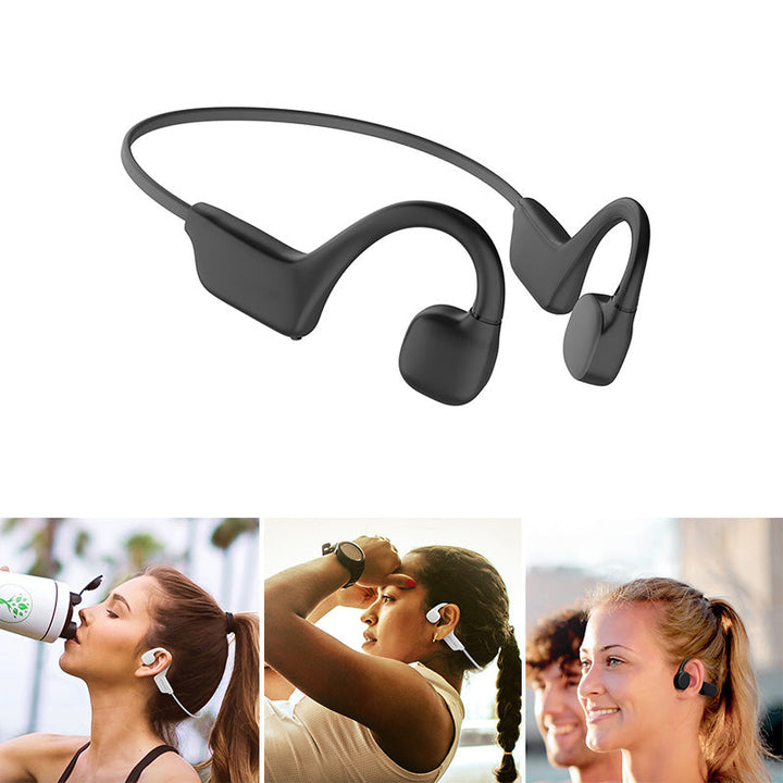 "Hörlurar för benledning, trådlös Bluetooth, öppen-öron design, svart, lätt, IPX5 vattenresistent."
