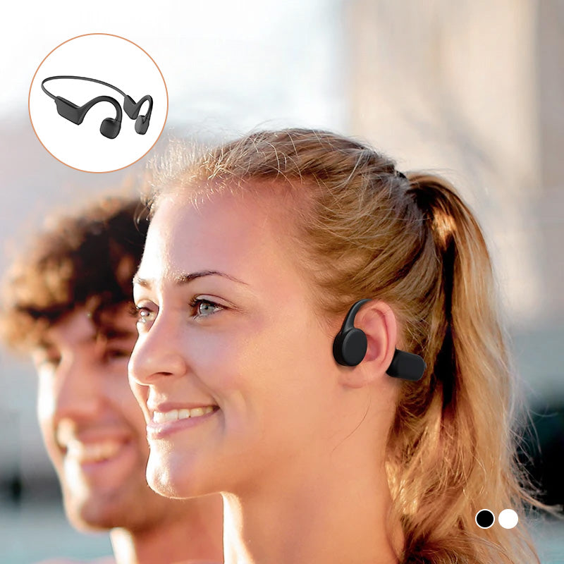 "Hörlurar för benledning, trådlös Bluetooth, öppen-öron design, svart, lätt, IPX5 vattenresistent."