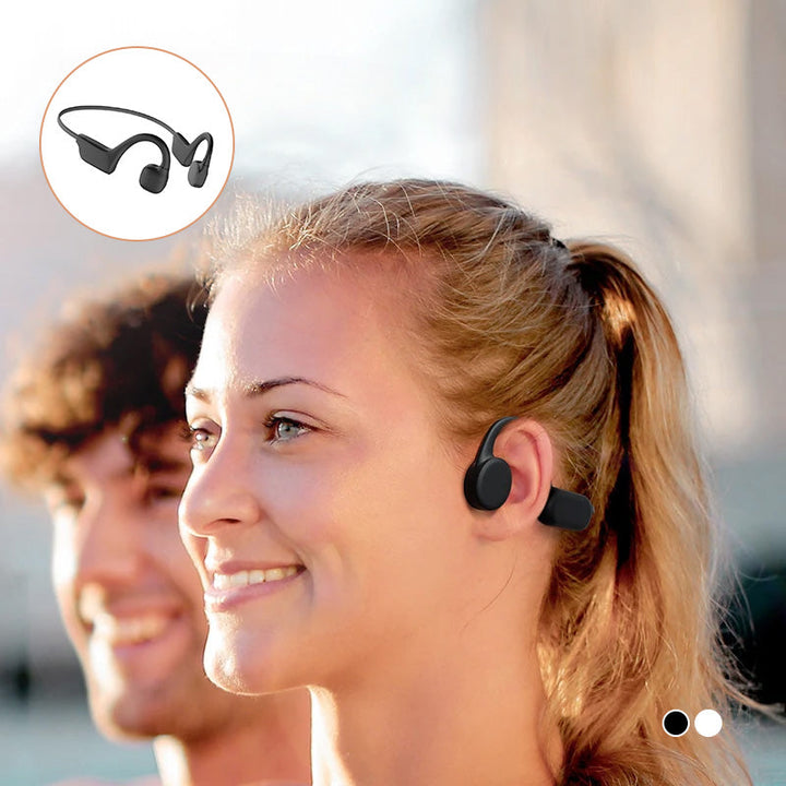 "Hörlurar för benledning, trådlös Bluetooth, öppen-öron design, svart, lätt, IPX5 vattenresistent."