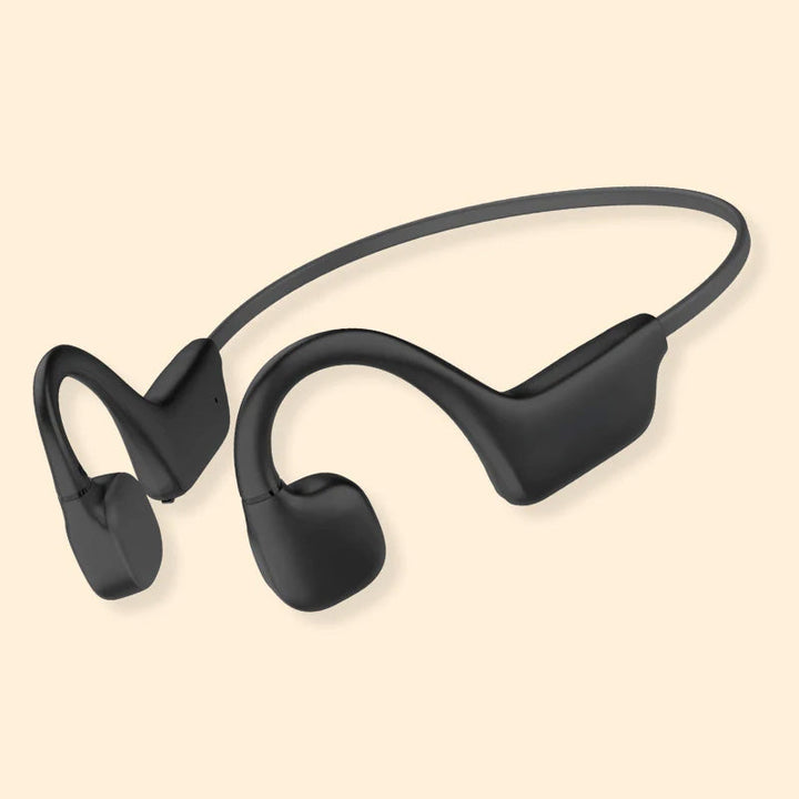 "Hörlurar för benledning, trådlös Bluetooth, öppen-öron design, svart, lätt, IPX5 vattenresistent."