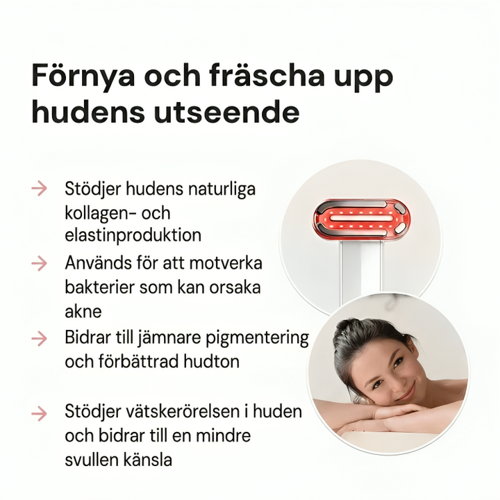 Ansiktsmassage och hudvårdsapparat med rödljusterapi som hålls i handen för ansiktslyft