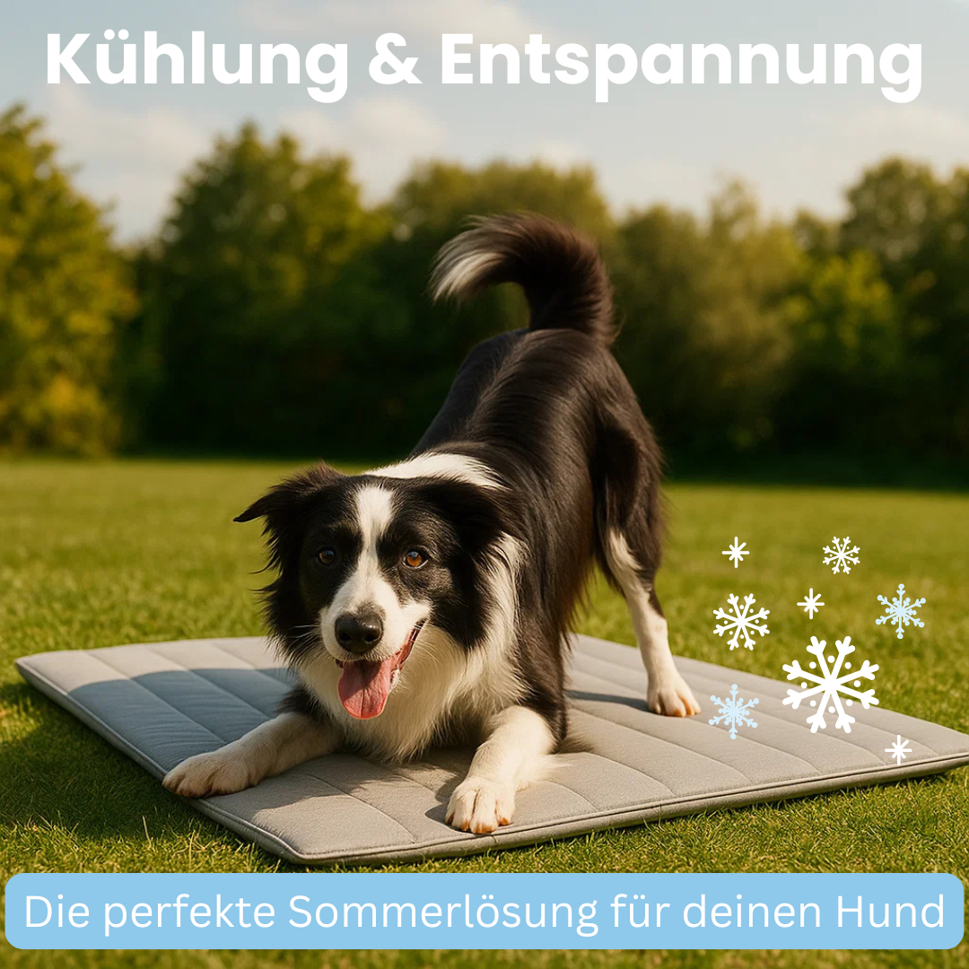 Valp sover lugnt på svalkande hundmatta. Ger komfort och skydd mot värme för unga hundar och valpar.