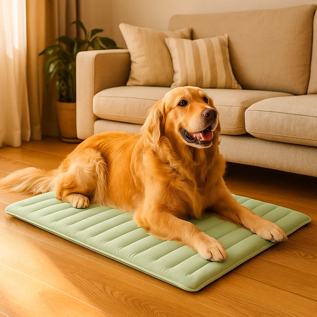 Hund vilar på stor svalkande hundbädd. Kylmatta ger optimal komfort och välbefinnande under varma sommardagar.