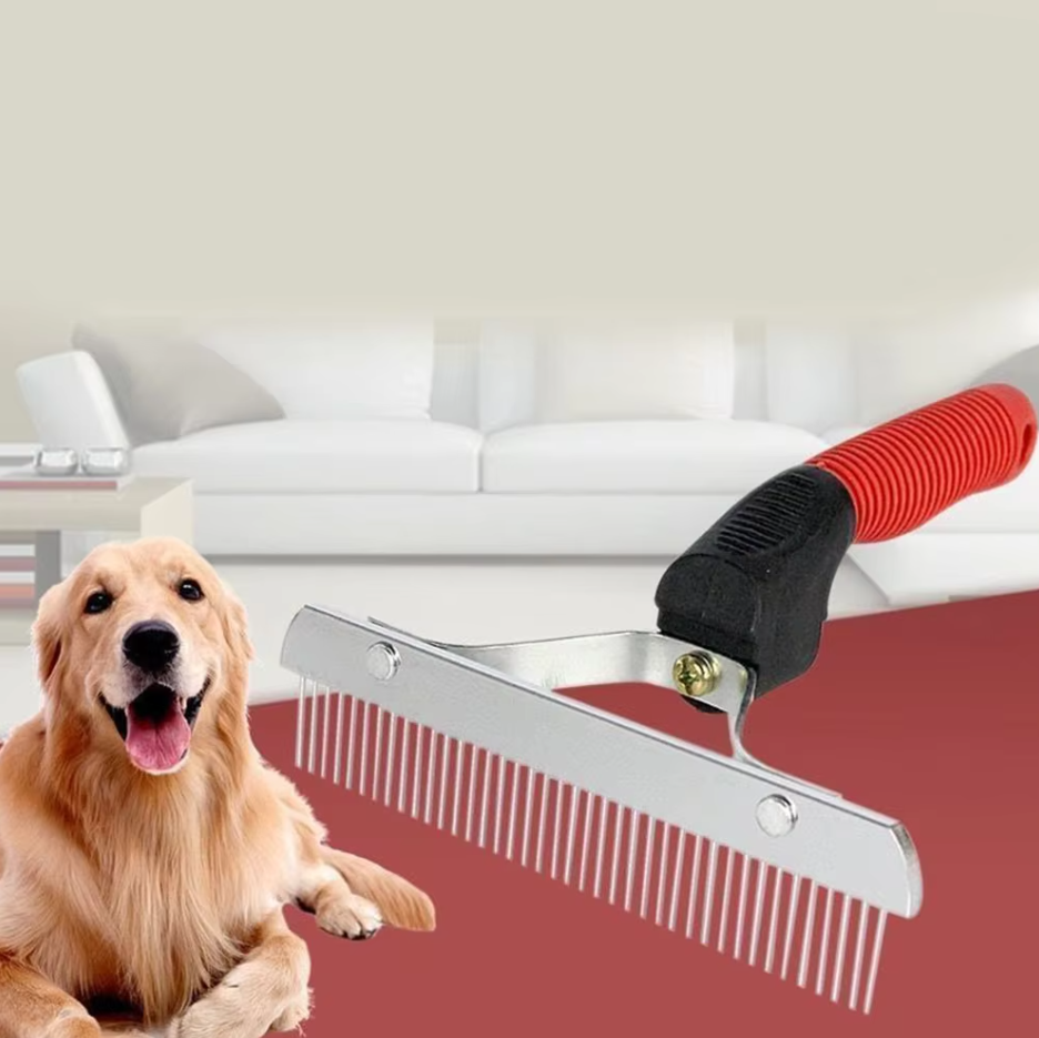 Robust fällkam/rake för hundens pälsvård, avlägsnar effektivt underull hos stor hund.