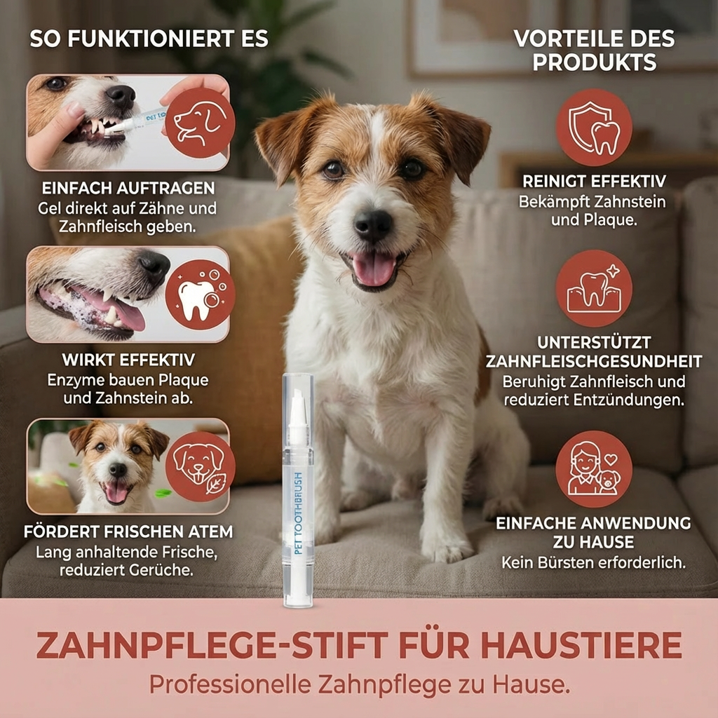 Glad hund med fräsch andedräkt tack vare Hundens Tandvårdspenna. Förbättrar munhygien och förebygger tandsten.