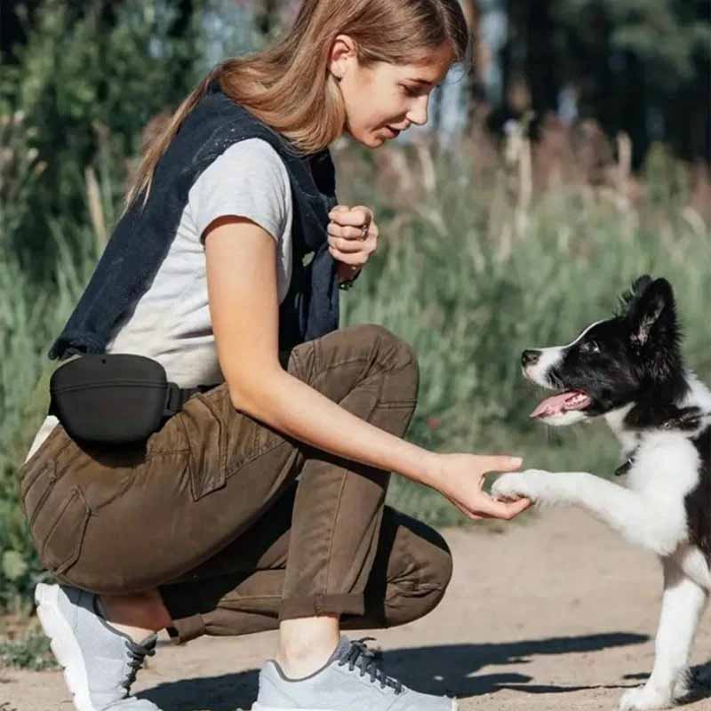 Smidig godisväska i silikon för hundpromenaden. Fäst den enkelt på bältet och ha hundgodiset nära till hands.