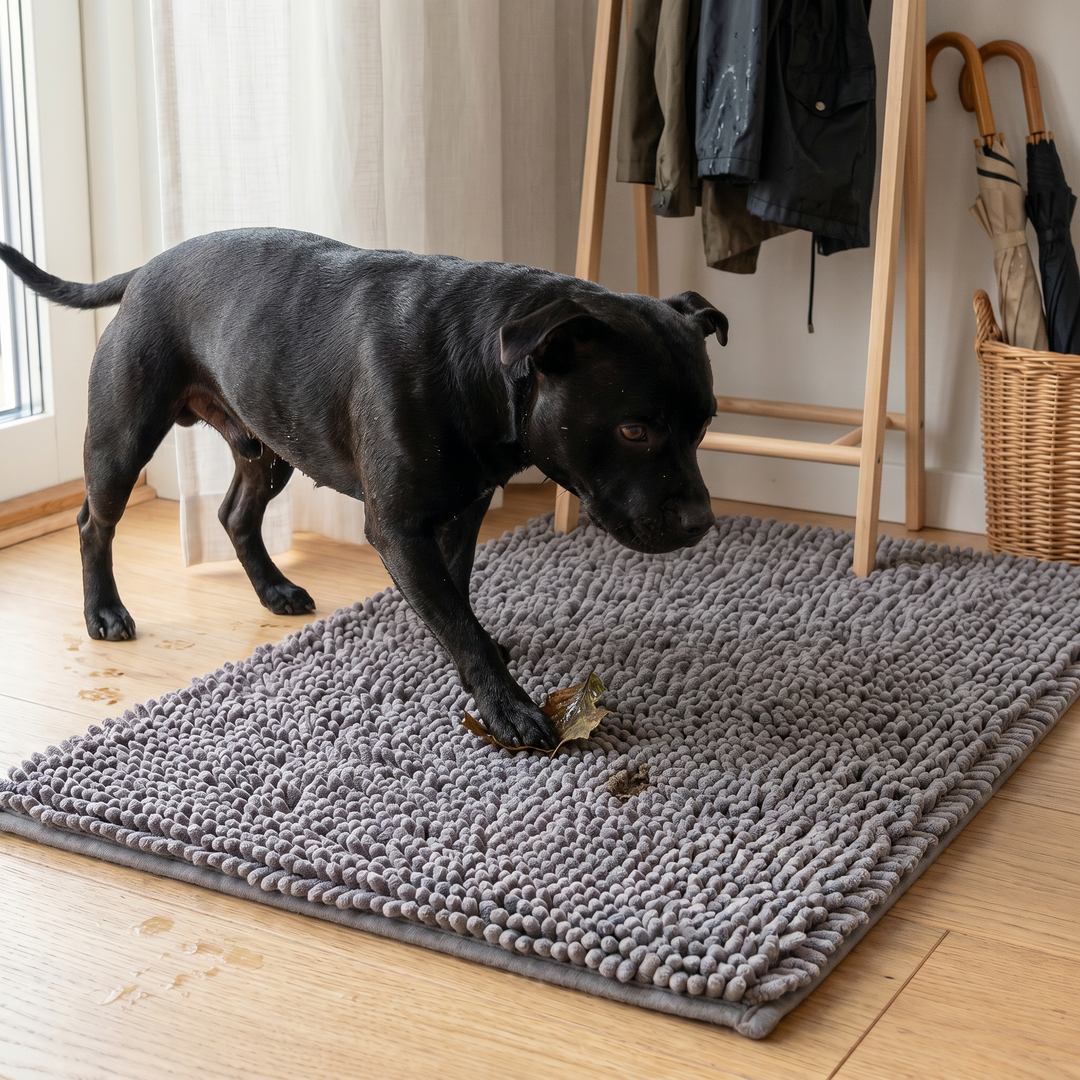 Svart hund som kliver på en mörkgrå Zvarelo hundmatta i hallen