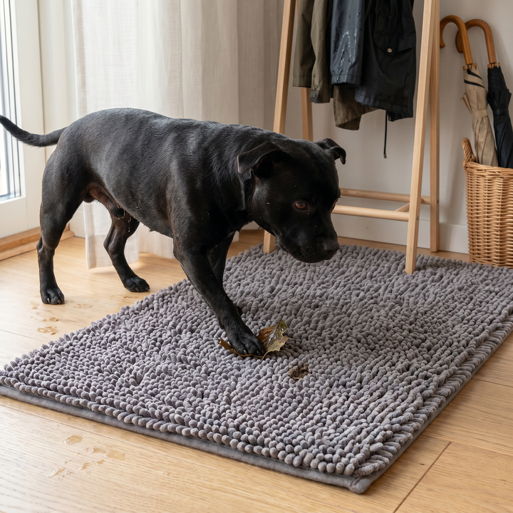 Svart hund som kliver på en mörkgrå Zvarelo hundmatta i hallen