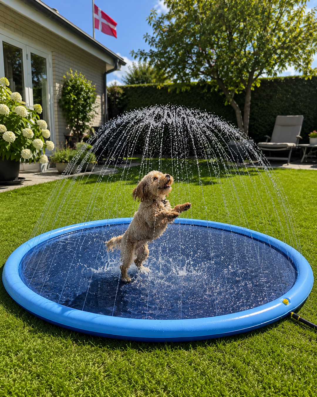 Liten ljus hund leker i blå hundpool med vattenspridare i trädgården