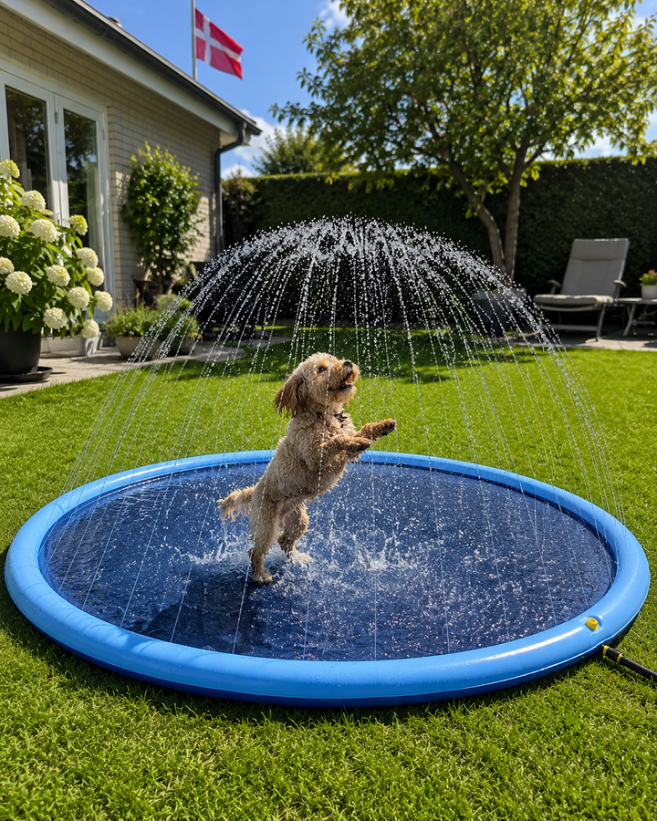 Liten ljus hund leker i blå hundpool med vattenspridare i trädgården