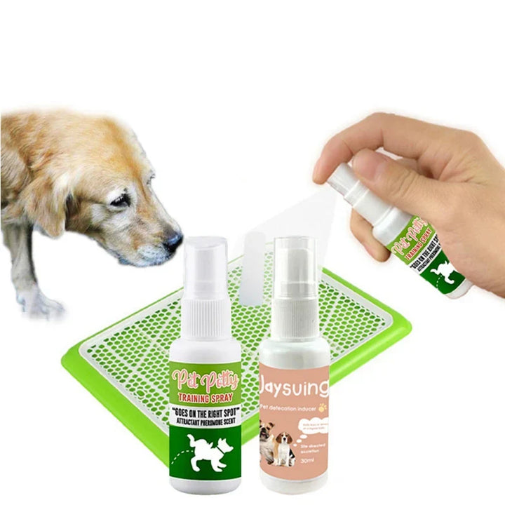 Hundträningsspray i flaska, effektiv för rumsrenhet och toalettträning av valpar och hundar.
