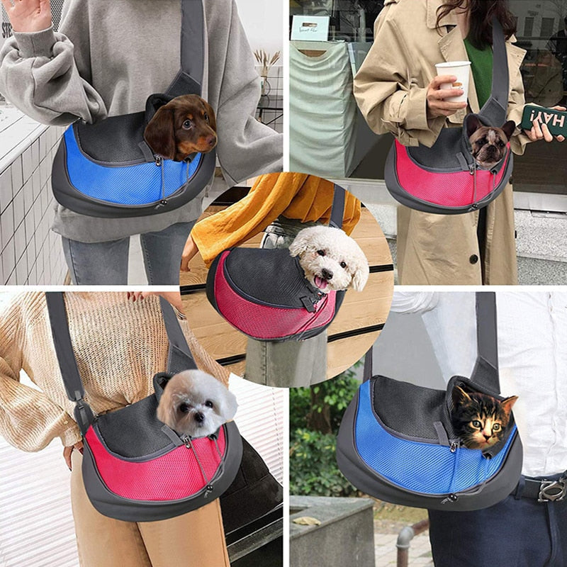 "Husdjursutflykt axelväska i polyester för smådjur, hands-free design, finns i ljusblå, röd, gul och fler färger."