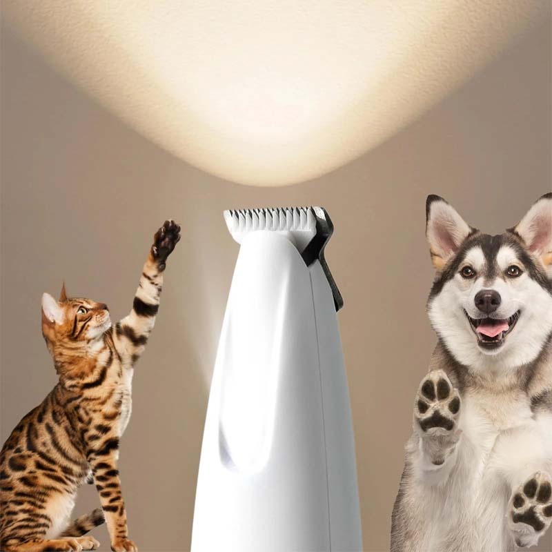 "Husdjursvänlig vit hårtrimmer med LED-lampa, tyst drift, 18 mm blad, vattentålig, för effektiv och säker trimning"