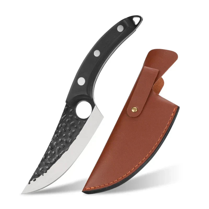Japansk kockkniv med svart handtag och brun läderslida