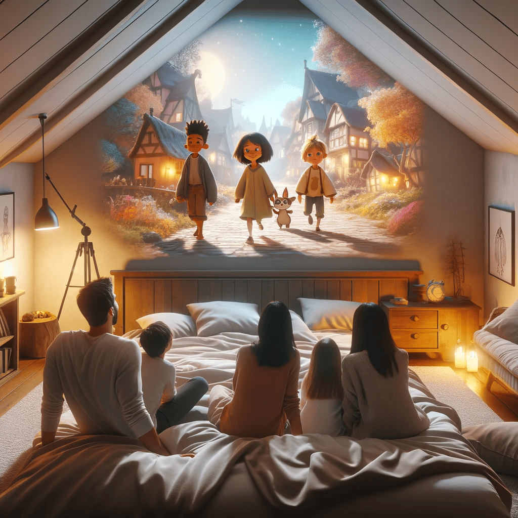 Miniprojektor som visar en skarp filmbild på en vit duk