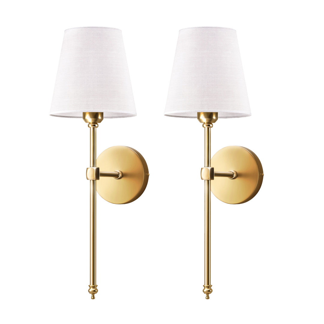 Två eleganta trådlösa vägglampor i guld med vita skärmar
