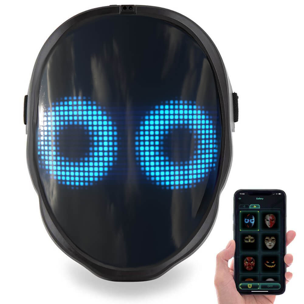LED smart mask med blå ögon och smartphone som visar appen