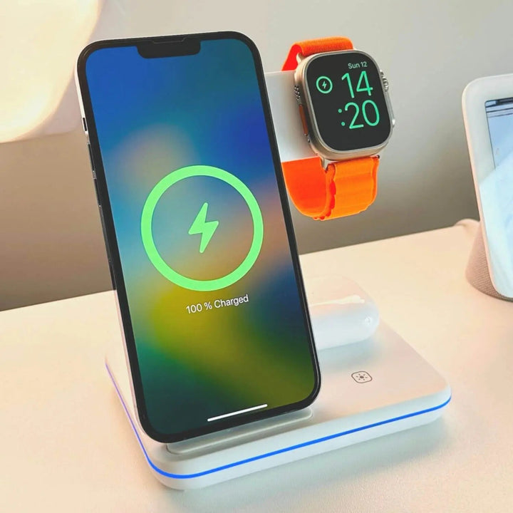 Smidig laddningsdocka som laddar mobil, smartwatch och trådlösa hörlurar samtidigt