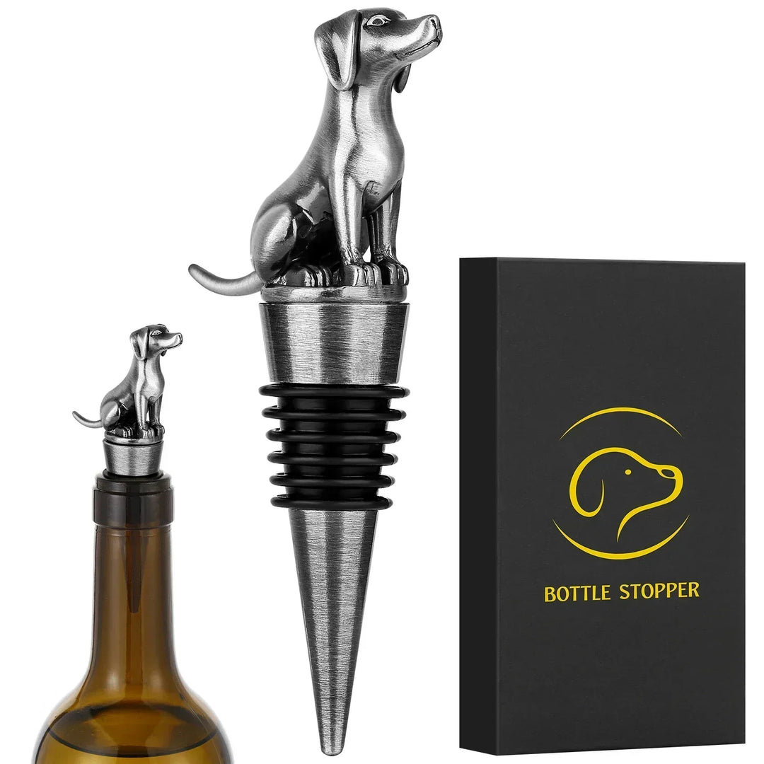 Lufttät flaskpropp för vin, designad som en detaljrik hund för optimal vinlagring.