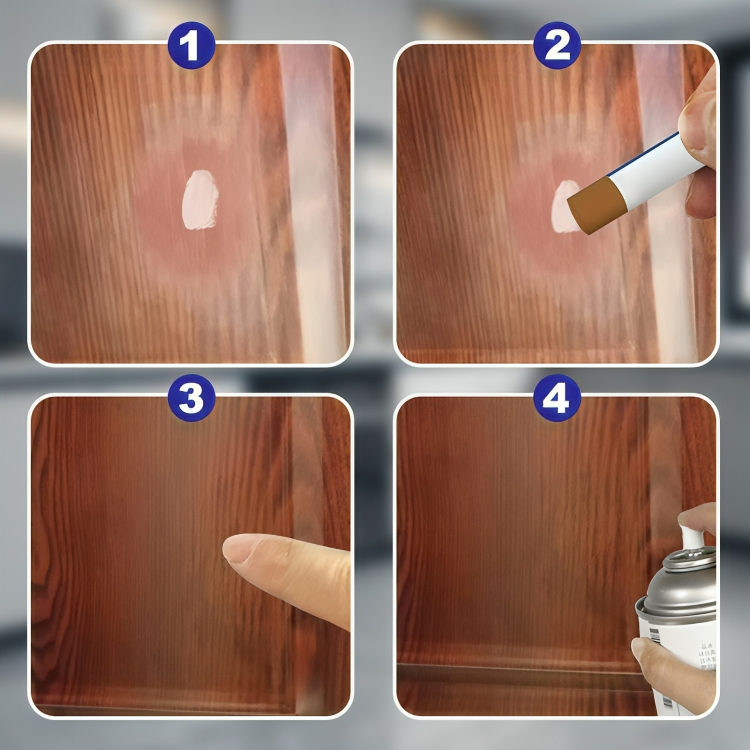 Instruktionsbilder som visar fyra enkla steg för att laga repor i trä