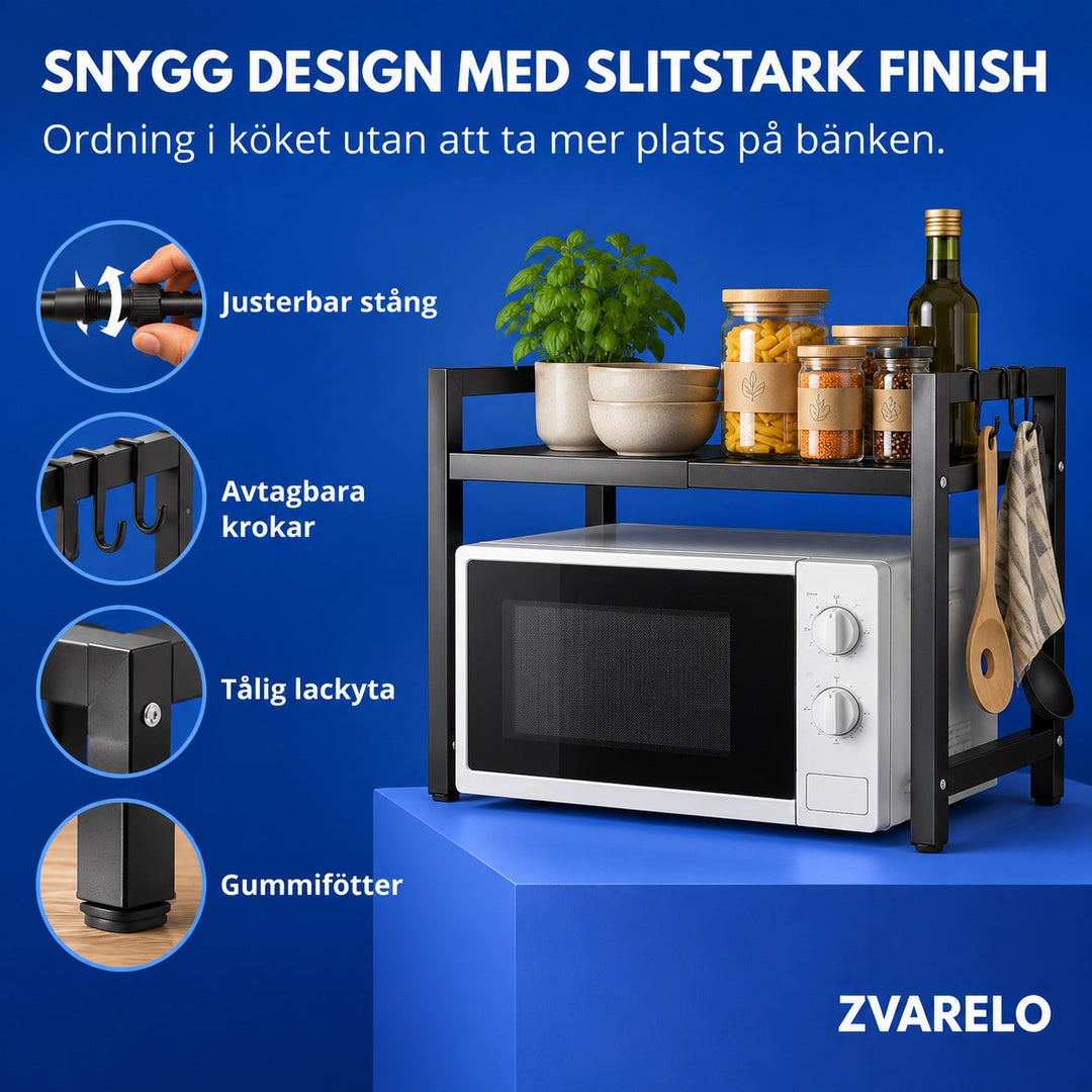 Närbild på funktioner som justerbar stång, avtagbara krokar och gummifötter