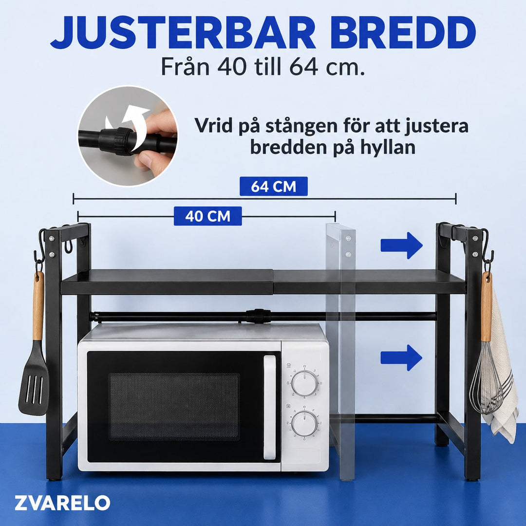 Stiliserad miljöbild på köksförvaring med mikrovågshylla i ett litet kök