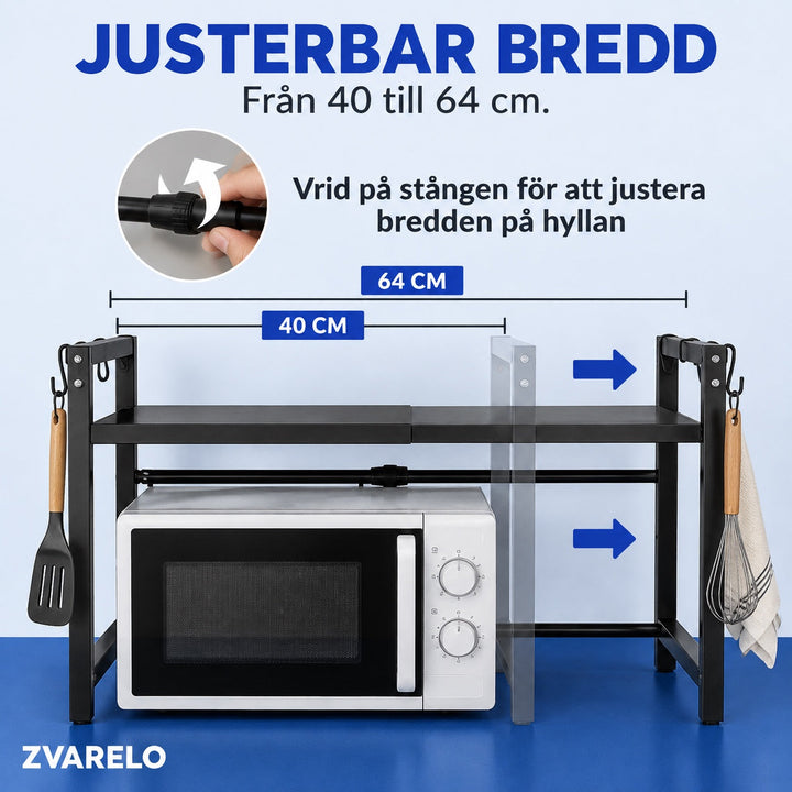 Stiliserad miljöbild på köksförvaring med mikrovågshylla i ett litet kök