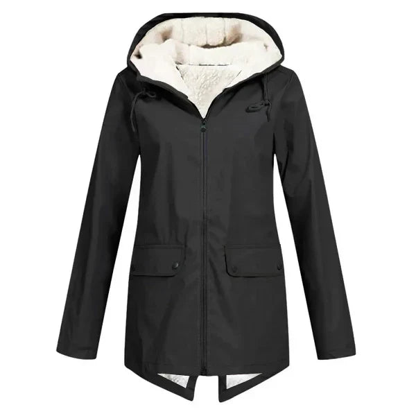 Svart dam trenchcoat med kapuschong framifrån