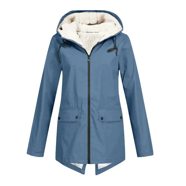 Beige damtrenchcoat med vadderad fodring och huva, perfekt höstjacka