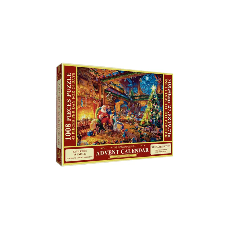 Jul adventskalender med dagliga pusselbitar, visar en färgglad 1008-bitars pusselbild mot en röd bakgrund.
