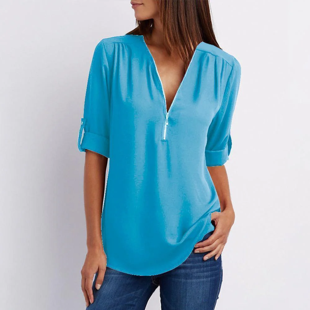 Damblusa med V-ringning och justerbar dragkedja