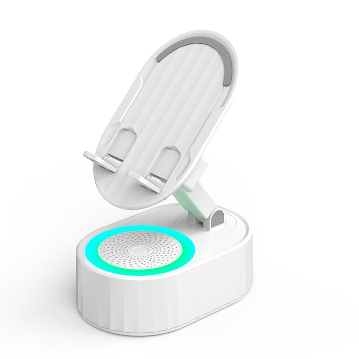 "Induktivt högtalarstativ med Bluetooth, LED-ljus och justerbart stativ, ger kraftfullt ljud och färgstämning."