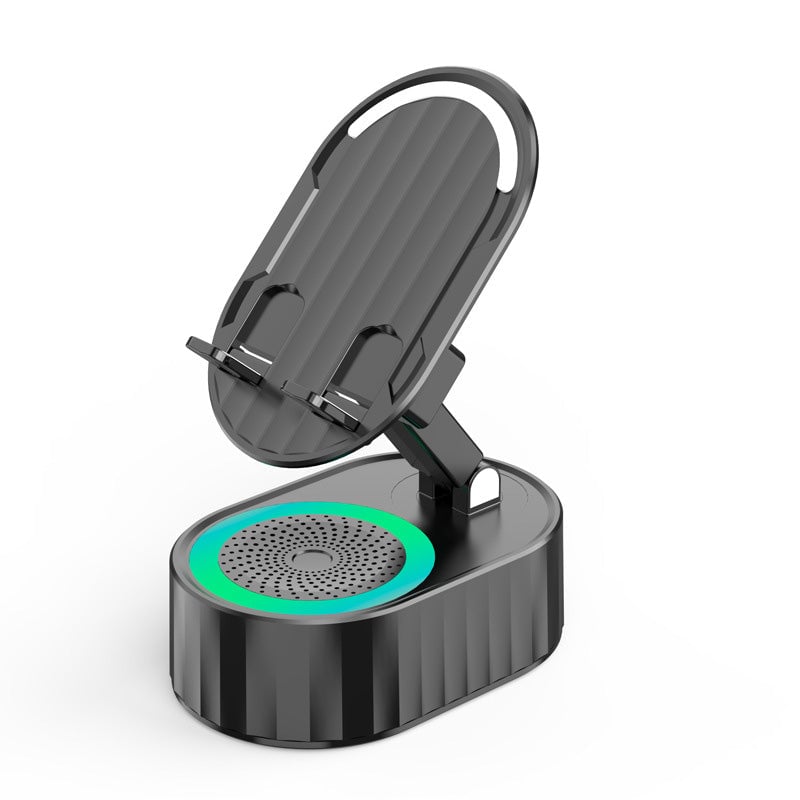 "Induktivt högtalarstativ med Bluetooth, LED-ljus och justerbart stativ, ger kraftfullt ljud och färgstämning."