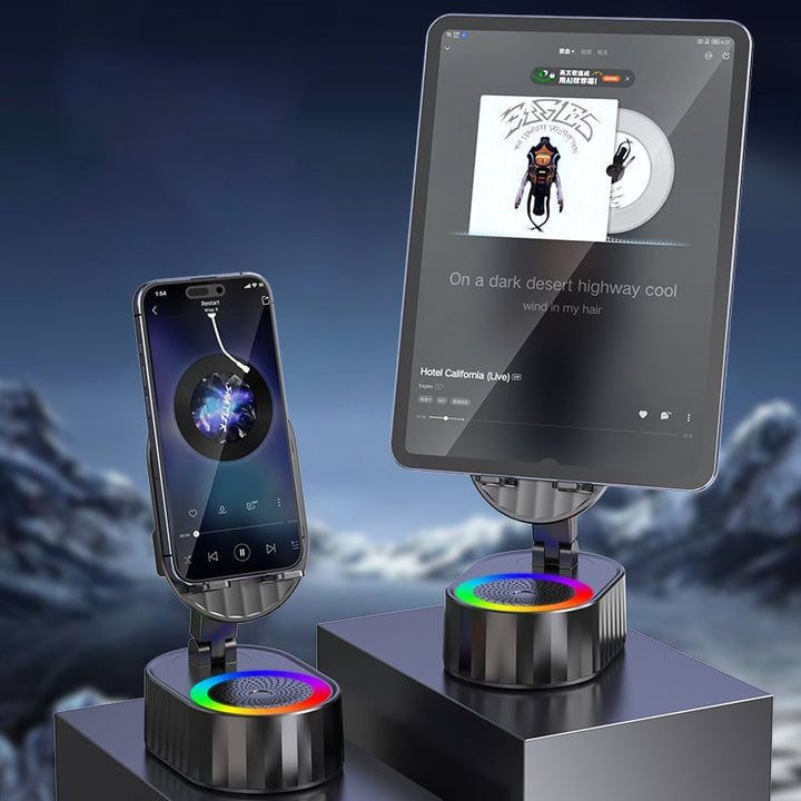 "Induktivt högtalarstativ med Bluetooth, LED-ljus och justerbart stativ, ger kraftfullt ljud och färgstämning."