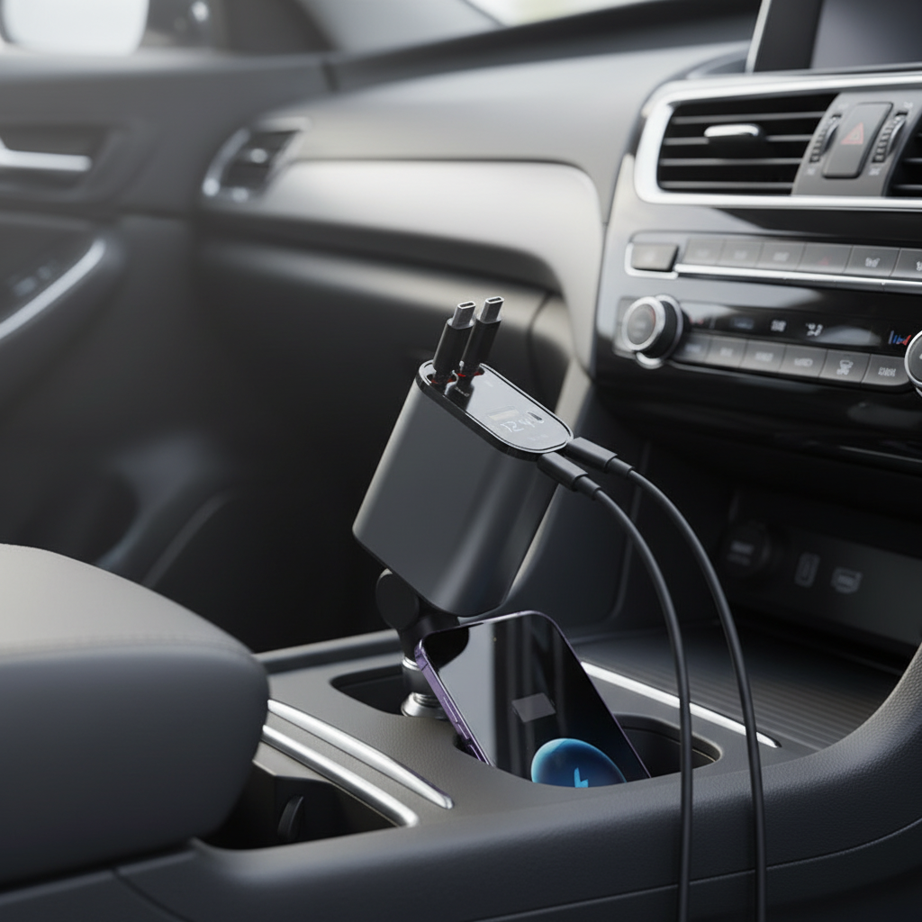 Infällbar billaddare med snabbladdning för bil, perfekt för att ladda iPhone/USB-C enheter på resan.