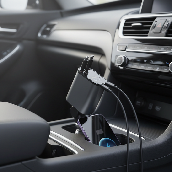 Infällbar billaddare med snabbladdning för bil, perfekt för att ladda iPhone/USB-C enheter på resan.