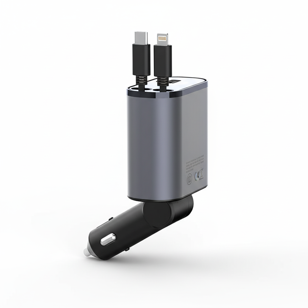 Kompakt infällbar USB-C & iPhone billaddare. Universal snabbladdare för fordon, smidig i bilen.