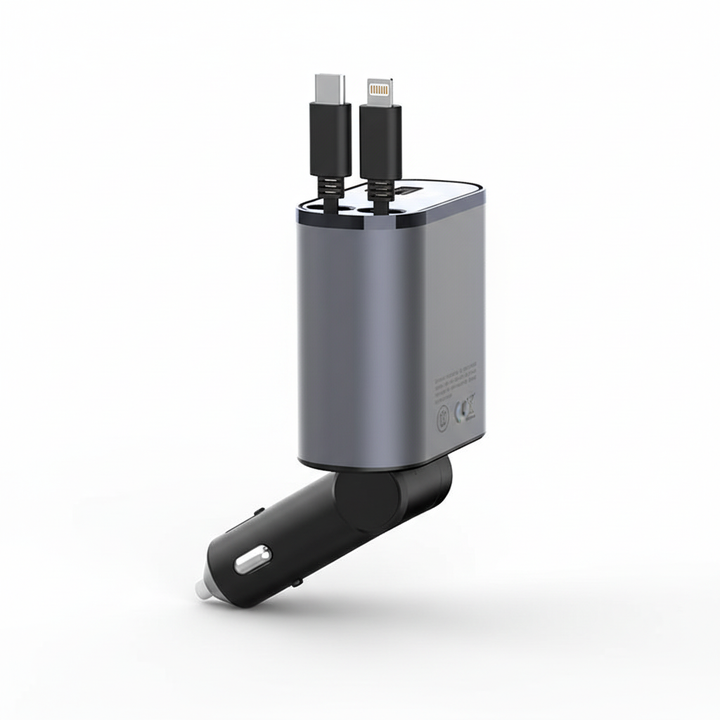 Kompakt infällbar USB-C & iPhone billaddare. Universal snabbladdare för fordon, smidig i bilen.