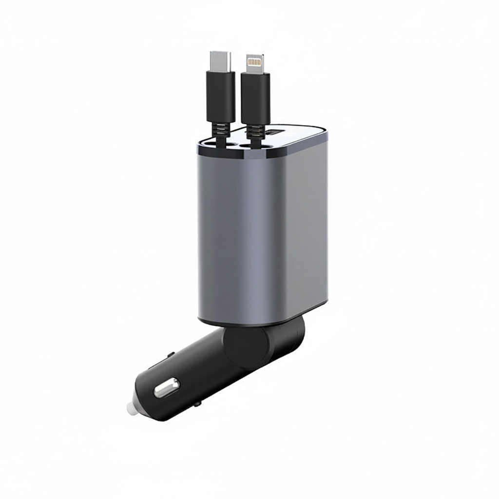 Resevänlig infällbar billaddare för fordon. Universal USB-C/iPhone snabbladdare, praktisk bilaccessoar.