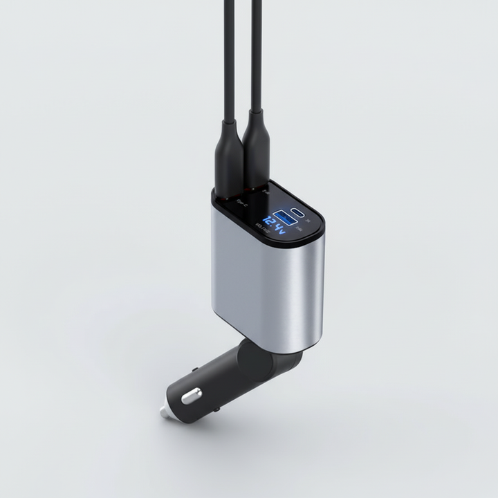 Modern infällbar USB-C billaddare med snabbladdning för din telefon. Enkel att använda i bilen.